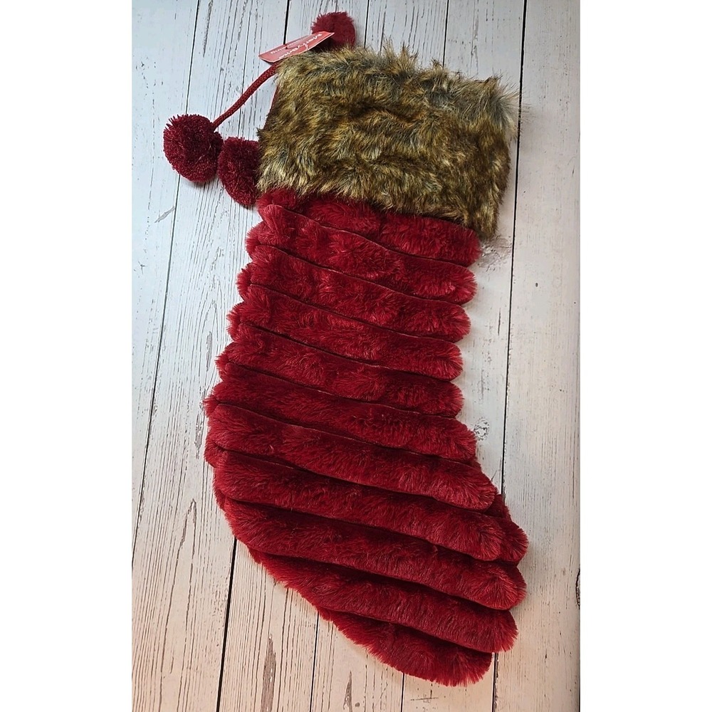 Merry Bright Faux Fur Burgundy Christmas Stocking With Pom-Pom Accent 21" New